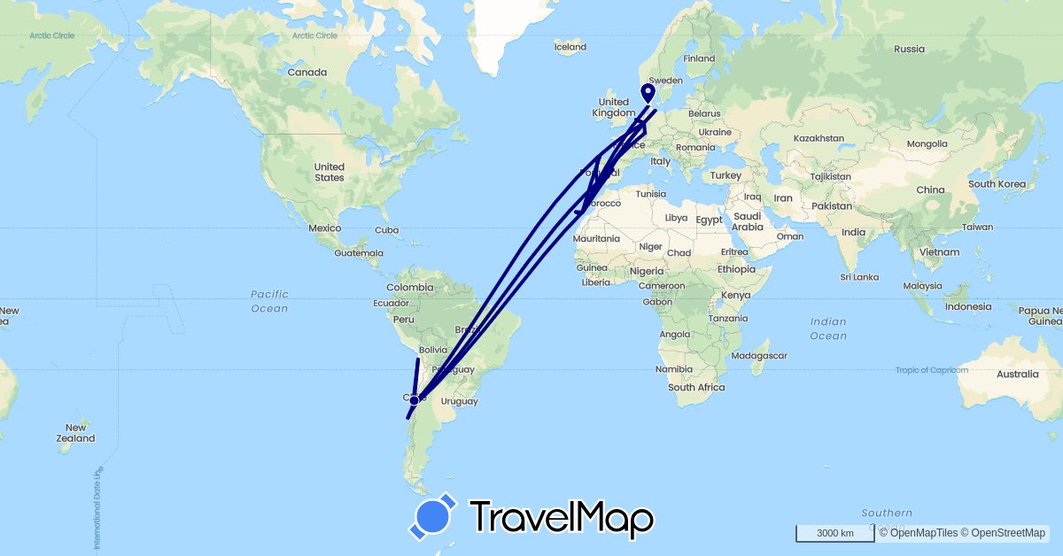 TravelMap itinerary: driving in Chile, Germany, Spain, Netherlands, Portugal (Europe, South America)